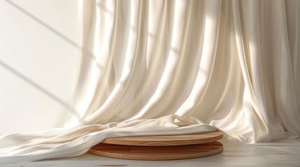 minimalist empty modern round wooden podium side table with soft white blowing drapery curtain drapes in sunlight for luxury cosmetic skincare beauty treatment fashion product display background