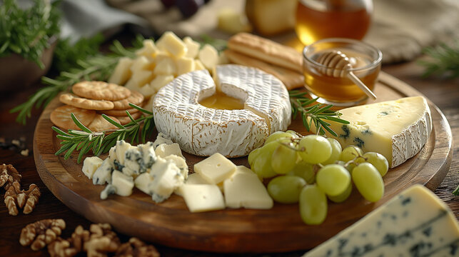 Cheese plate with different types of chees, grape and bread, steel life on a wooden board