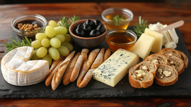 Cheese plate with different types of chees, grape and bread, steel life on a wooden board