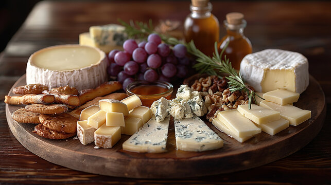 Cheese plate with different types of chees, grape and bread, steel life on a wooden board