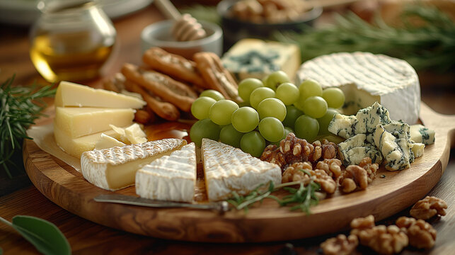 Cheese plate with different types of chees, grape and bread, steel life on a wooden board