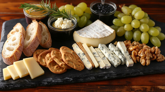 Cheese plate with different types of chees, grape and bread, steel life on a wooden board