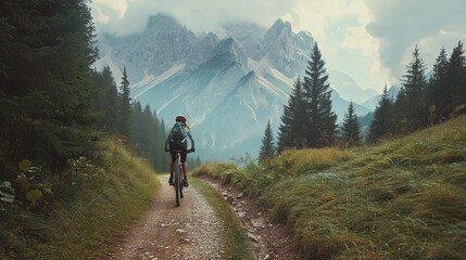 scenic mountain biking journey with woman cyclist in summer forest landscape for outdoor adventure