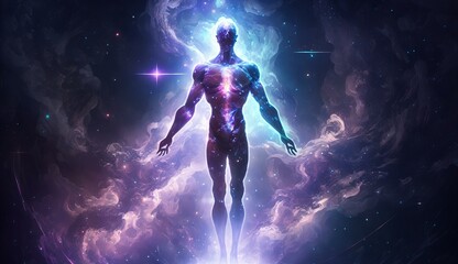 humanoid figure is standing in space with ethereal light behind him, cosmic galaxy illustration, 