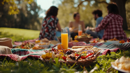 Um grupo diverso de amigos aproveitando um piquenique em um parque verde exuberante com comida e bebida em um cobertor estampado floral - obrazy, fototapety, plakaty