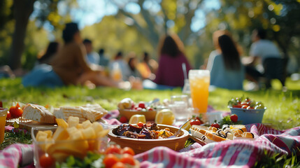 Um grupo diverso de amigos aproveitando um piquenique em um parque verde exuberante com comida e bebida em um cobertor estampado floral - obrazy, fototapety, plakaty