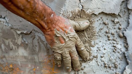 closeup of construction worker's hand plastering cement at wall for building house