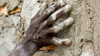 closeup hand of worker plastering cement at wall for building house