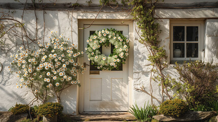 Facade of white cottage adorned by spring flowers.