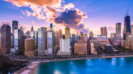 Fototapeta premium Chicago skyline aerial drone view from above, lake Michigan and city of Chicago downtown skyscrapers cityscape bird's view from park, Illinois, USA