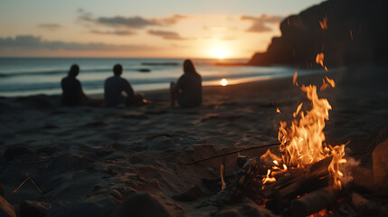 Um close-up com uma lente de 50mm capturando um grupo de pessoas ao redor de uma fogueira na praia. - obrazy, fototapety, plakaty