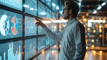 A business data analyst, presenting, whiteboard, data analytics, visualization. Generative AI.