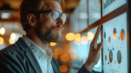 A business data analyst, presenting, whiteboard, data analytics, visualization. Generative AI.