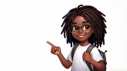 Cheerful African American child with dreadlocks, glasses, a white T-shirt, with a backpack, smiles and points his finger towards the empty space for copy space, white background