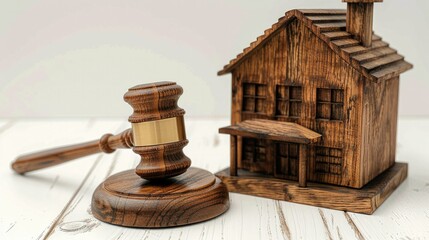 Wooden house icon and gavel on white background, Divorce and property division concept. Generative AI.