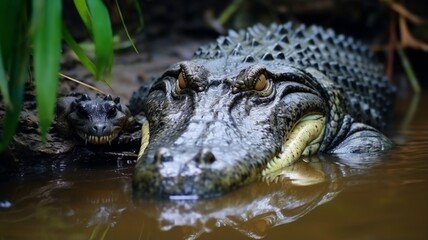 Obraz premium A Crocodile reptile caressing its calf Generated photo