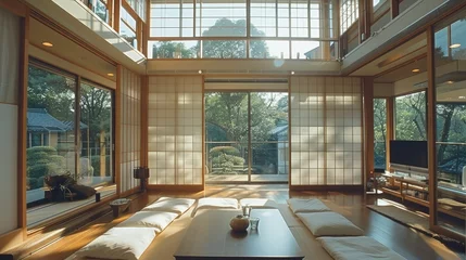 Schilderijen op glas Luxury Japanese home interior living room. Generative AI. © visoot