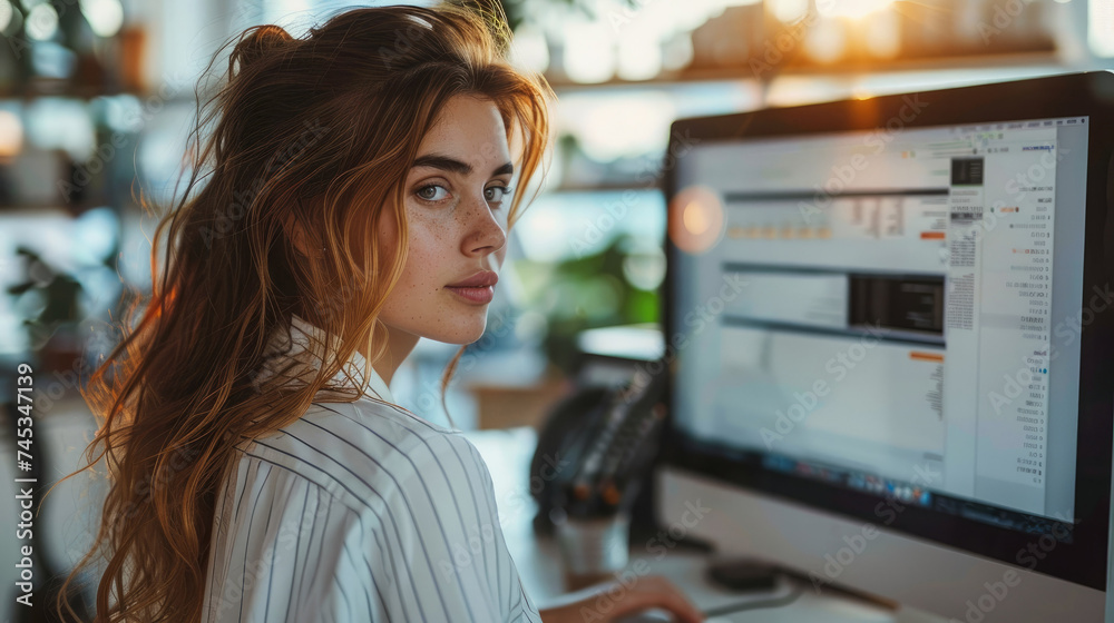 Fototapete woman working at a computer using a search engine. generative ai.