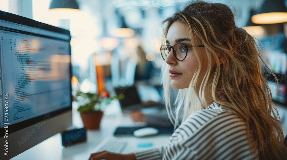 Fototapete woman working at a computer using a search engine. generative ai.