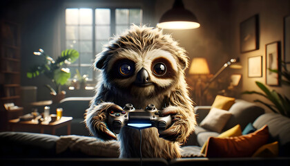 Sloth in a living room playing video games - obrazy, fototapety, plakaty