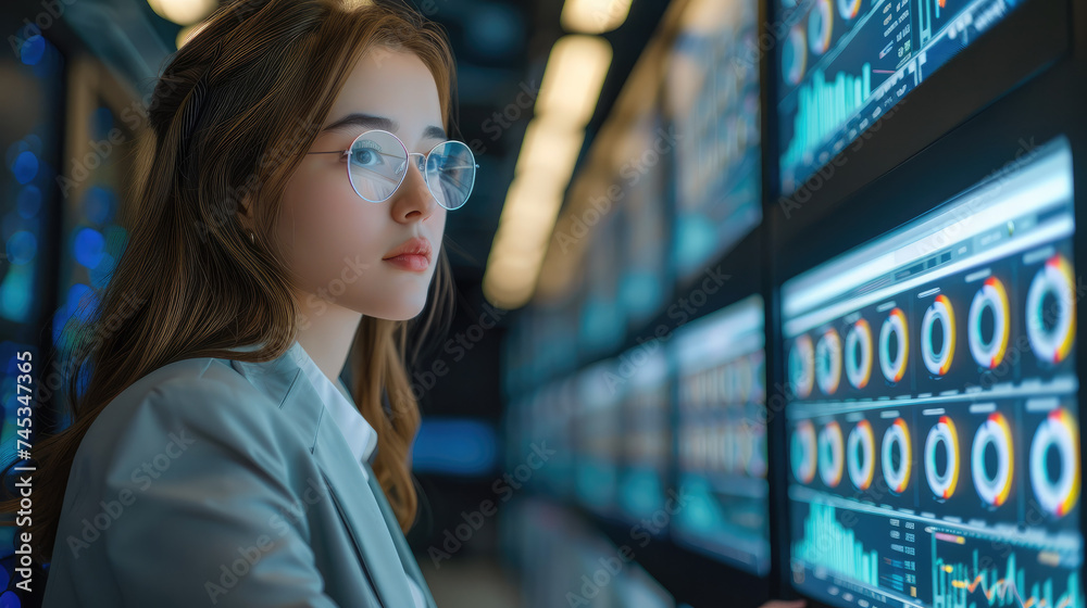 Leinwandbilder woman working in a high-tech data analysis center. dressed in smart business attire. generative ai.