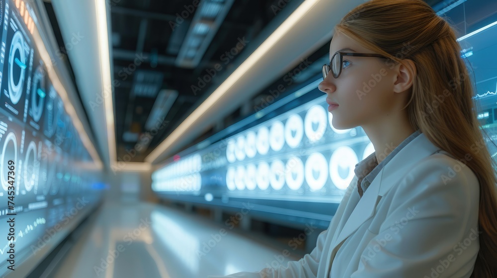 Leinwandbilder Woman working in a high-tech data analysis center. Dressed in smart business attire. Generative AI.