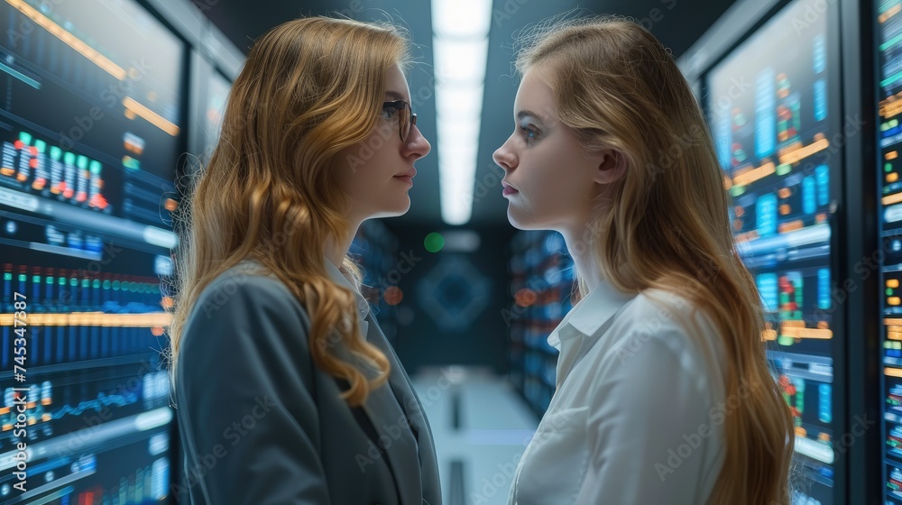 Leinwandbilder woman working in a high-tech data analysis center. dressed in smart business attire. generative ai.