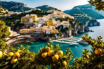 Rucksack view of the bay , Transport yourself to the sun-drenched shores of the Amalfi Coast in Italy, where lush lemon trees thrive under the Mediterranean sun © SANA