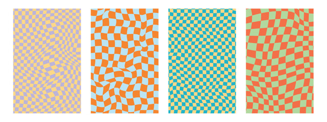 4 wavy psychedelic checker pattern. Retro funky y2k design. Vector illustration in green and orange