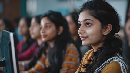 diverse classroom scene with portrait of south asian female student engaged in college learning, indian girl actively listening to teacher, utilizing computer for IT skill acquisition