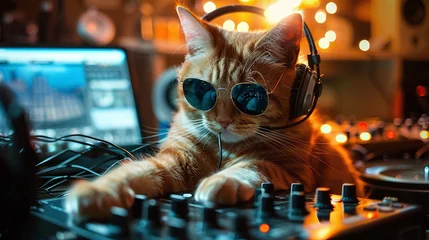 Tuinposter stylish ginger cat wearing sunglasses and headphones spinning tunes as a disc jockey, bringing groovy vibes and playful energy to the party atmosphere © CinimaticWorks