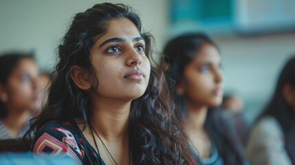 portrait of a south asian female student studying in college with diverse classmates, indian girl listening to teacher, using computer to apply her knowledge to acquire new IT skills in class - obrazy, fototapety, plakaty