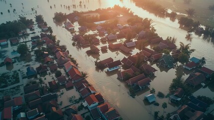 city skyline underwater in aerial view, urban environment affected by natural disaster and flood devastation