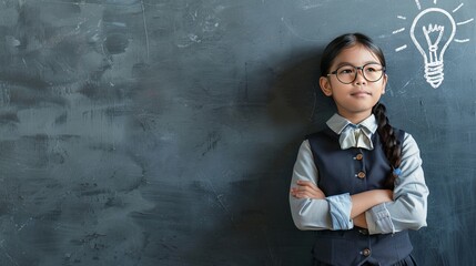Confident girl with chalk lightbulb idea drawing on blackboard. Smart student with symbol of creativity in classroom. Concept of innovation and intelligence in education.
