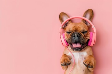 Joyful French bulldog with pink headphones on pink background. Happy dog enjoying music in stylish...