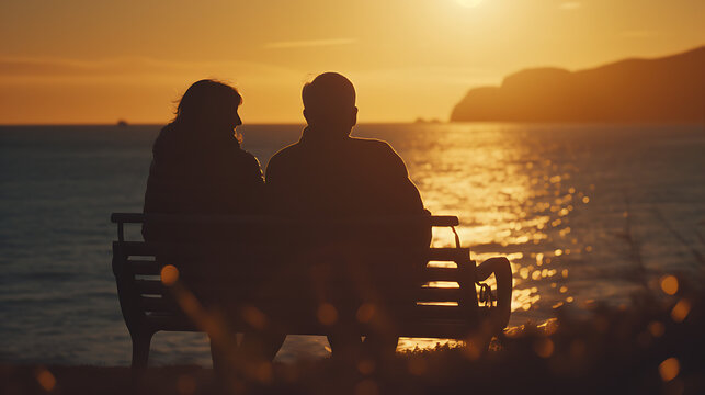 Um close-up com uma lente de 50mm capturando um casal de meia-idade em um banco perto da praia durante o pôr do sol.
