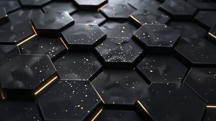 elegant carbon wedding background featuring a luxurious hexagonal abstract design with golden light lines and dark grid pattern