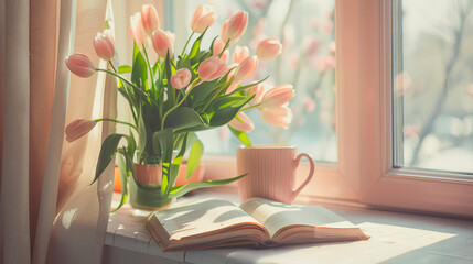 Cozy spring morning with tulips and a cup of coffee by the window. Open book on windowsill with soft light and fresh flowers. Peaceful reading nook with blooming tulips and warm beverage.