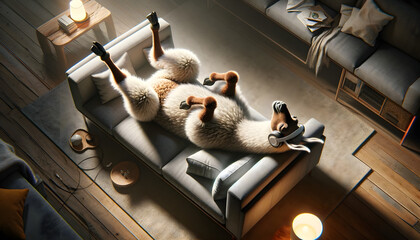 Fototapeta premium Llama lying on its back on a modern sofa, with a dynamic top-down view
