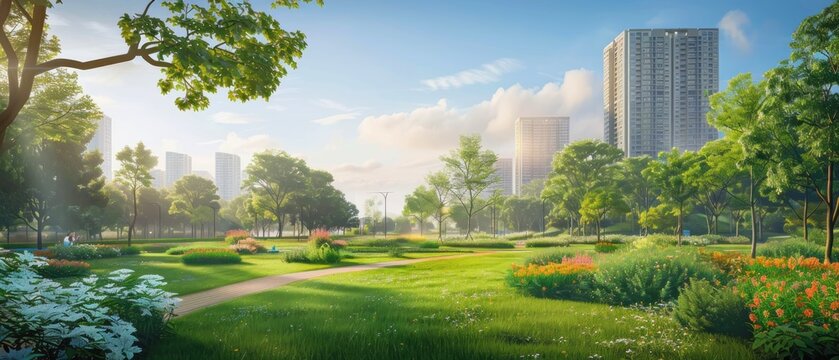 Urban Green Spaces Integration, Eco-Friendly City Living, Urban landscape with lush green spaces, Promoting Sustainable Urban Living.