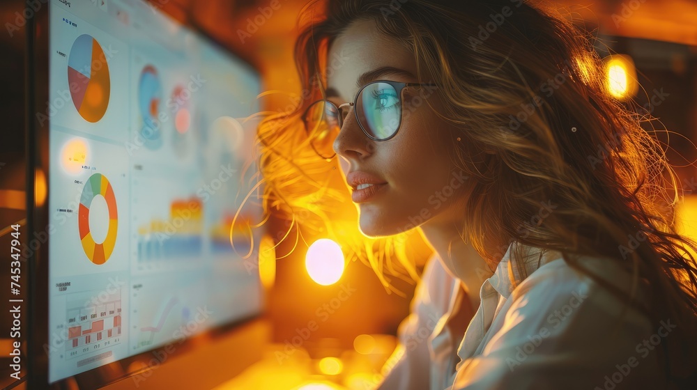 Aufkleber woman looking to computer analyzing data and charts. nice warm light. yellow and orange tones. gener