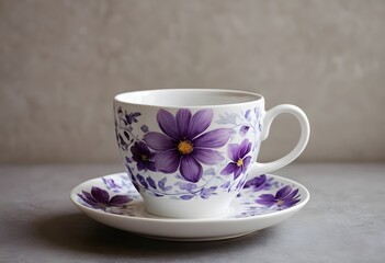 Fototapeta na wymiar White and Purple Floral Ceramic Mug on Saucer