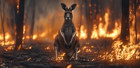 Selbstklebende Fototapeten A kangaroo during a forest fire. Generative AI. © visoot