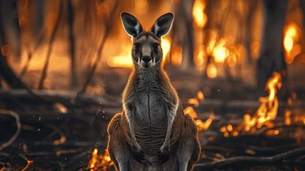 Rolgordijnen A kangaroo during a forest fire. Generative AI. © visoot