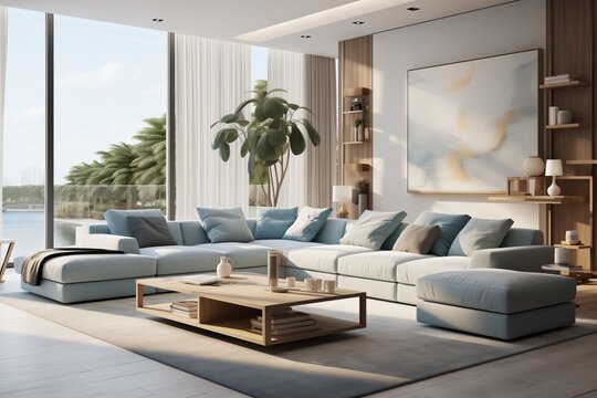 interior with sofa, 3d render illustration mock up.