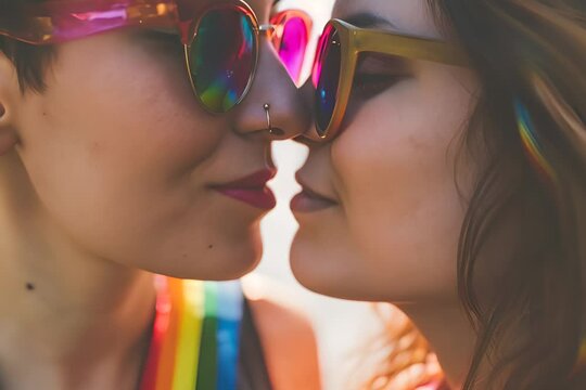 close moment between two people wearing colorful sunglasses, about to kiss. Their faces are close, highlighting a moment of affection and connection, with a focus on their lips and sunglasses.