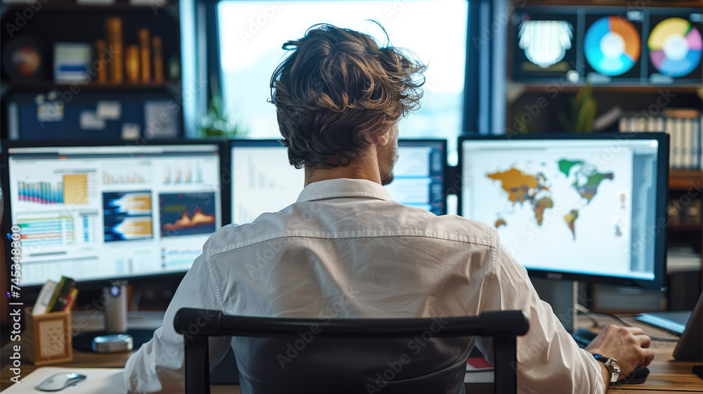 Poster a digital marketing strategist working at his desk surrounded by two monitors. generative ai.