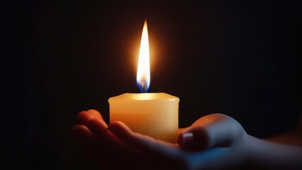 a burning candle in his hands, close-up