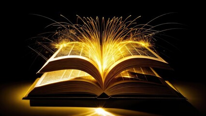 Golden magic book of knowledge on a black background, star sparks