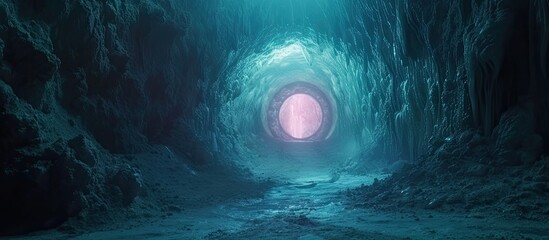 A dark tunnel underground in a gold mine shaft is illuminated by a glowing light at the end. The tunnel drifts mesmerizingly towards the light, offering a captivating sight of exploration through the